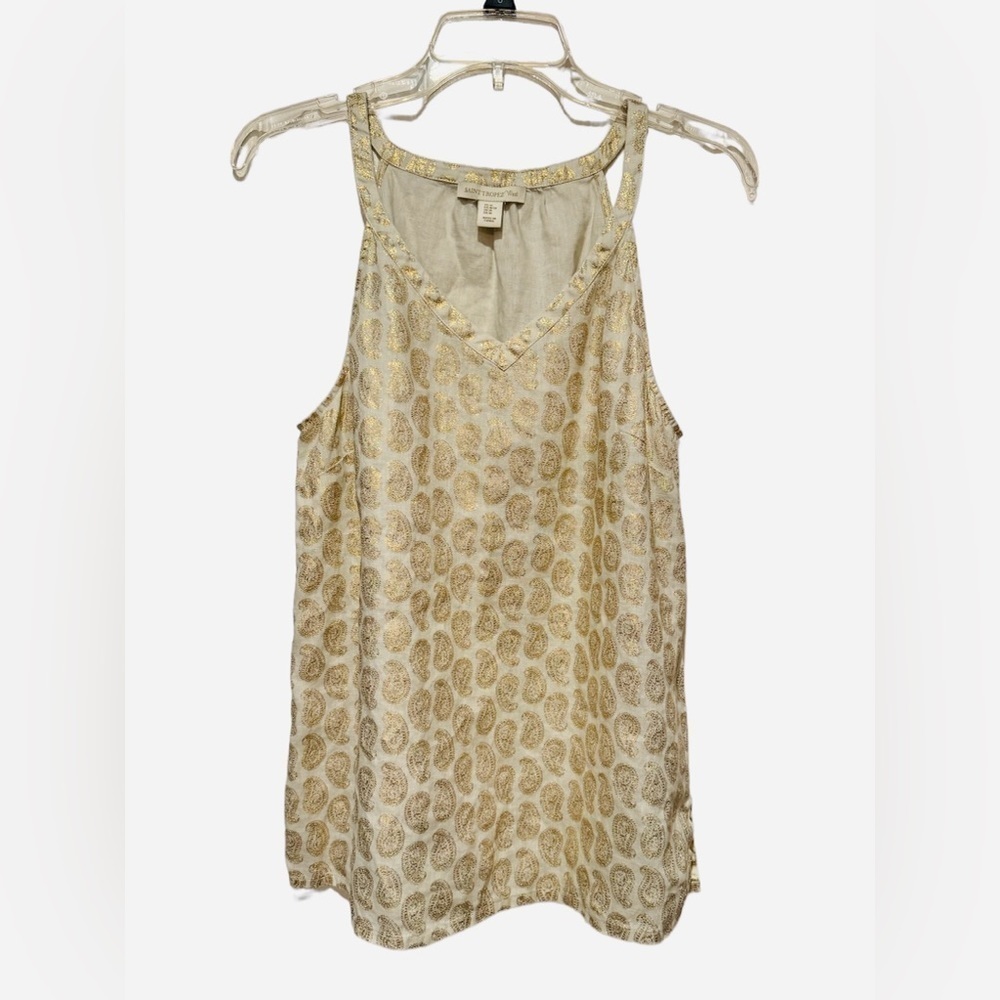 St. Tropez West Linen Racerback Top Womens Medium Ivory and Gold Paisley